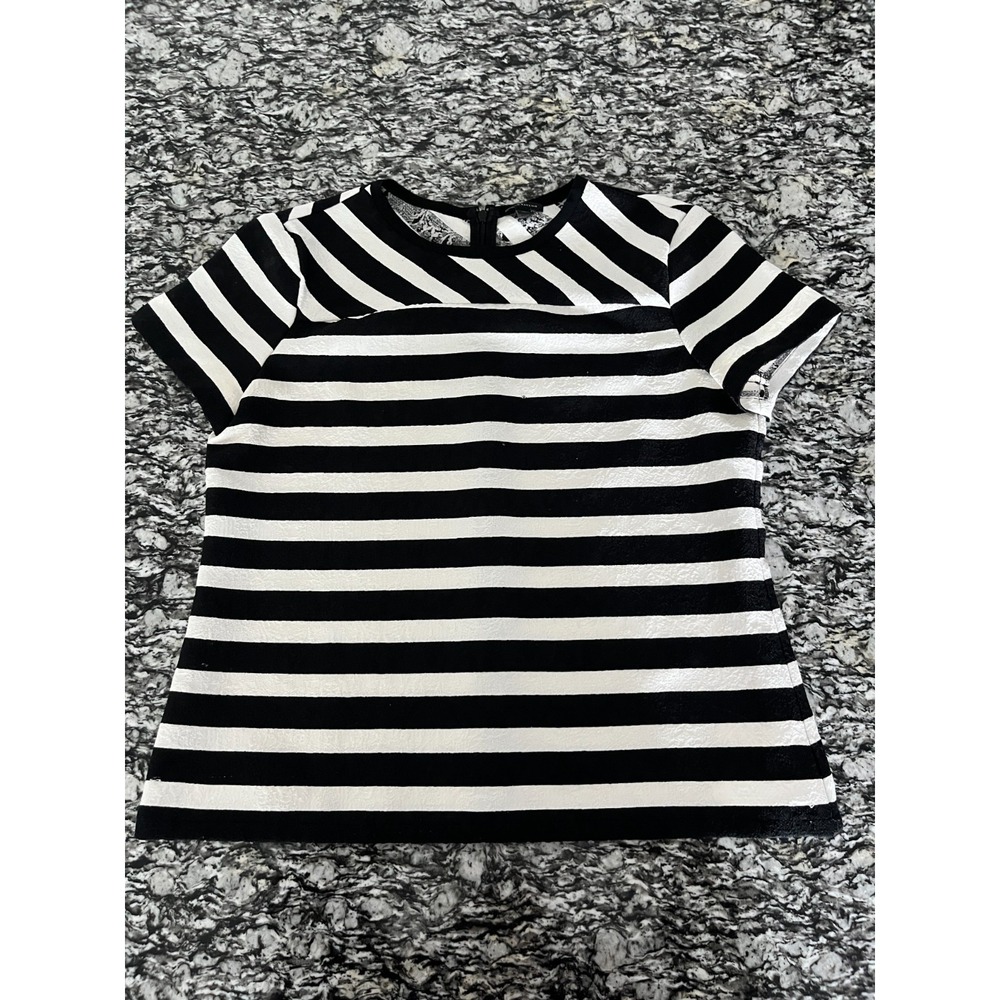 Ann Taylor Black and White Striped Short Sleeve Knit Top